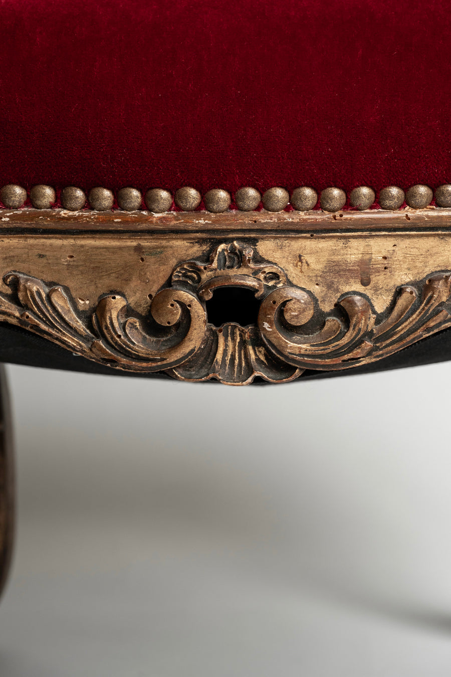 Pair 19th Century Louis XV Style Gold Giltwood Rouge Red Mohair Tabourets