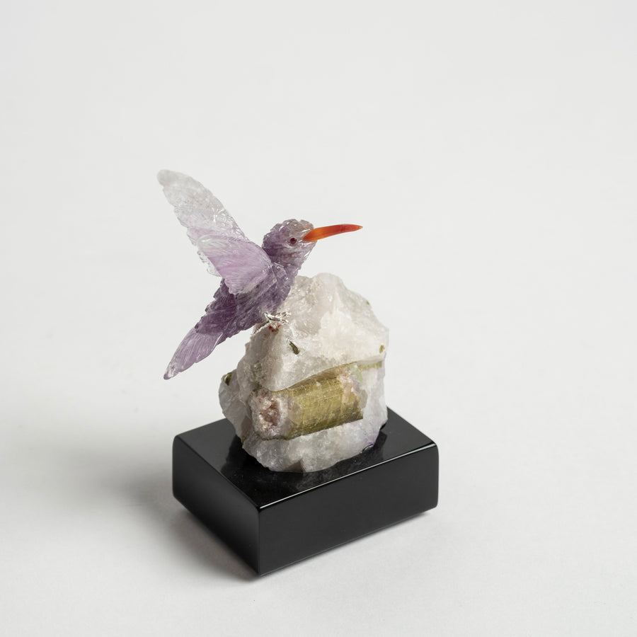 Amethyst Humming Bird on White Granite and Tourmaline Base 2479