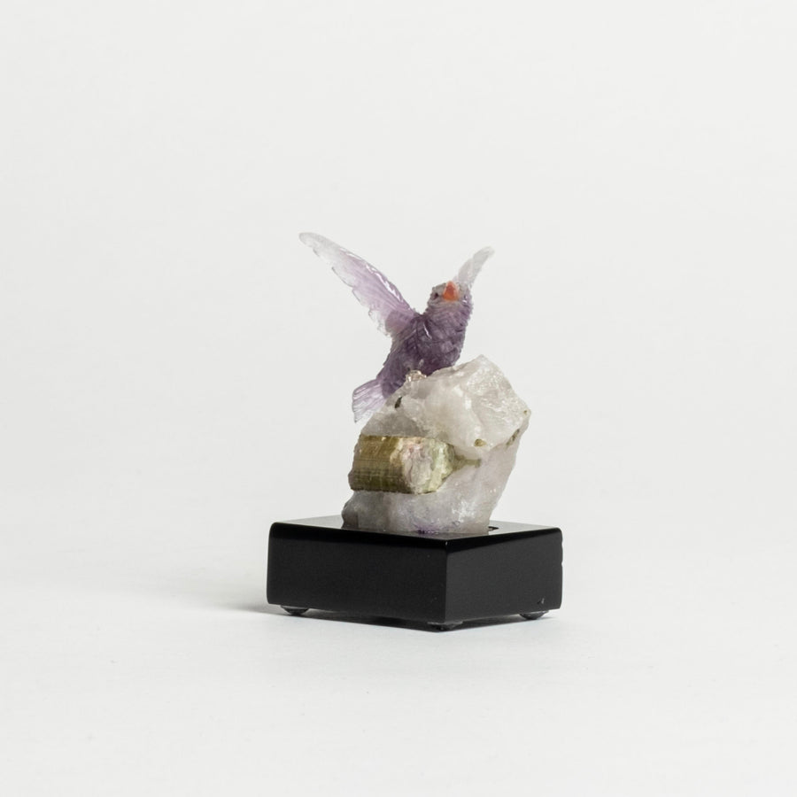 Amethyst Humming Bird on White Granite and Tourmaline Base 2479