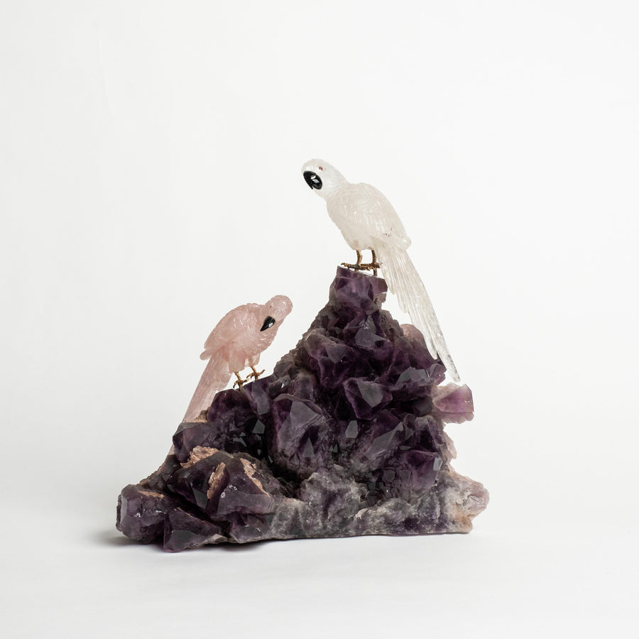 Pair Quartz Parrots on Amethyst Base