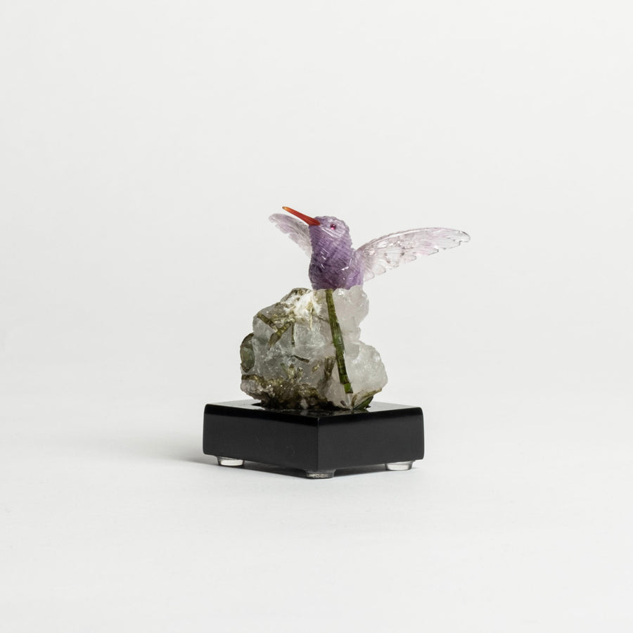 Amethyst Humming Bird on White Granite and Tourmaline Base