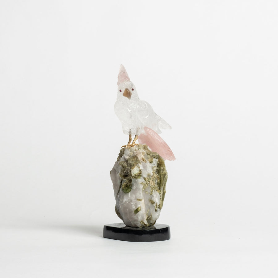 Quartz Cockatiel on White Granite and Tourmaline 2481