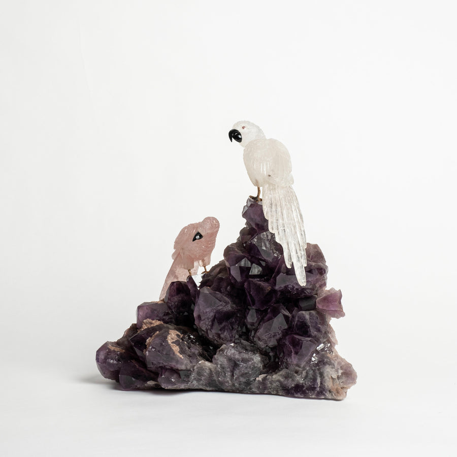 Pair Quartz Parrots on Amethyst Base