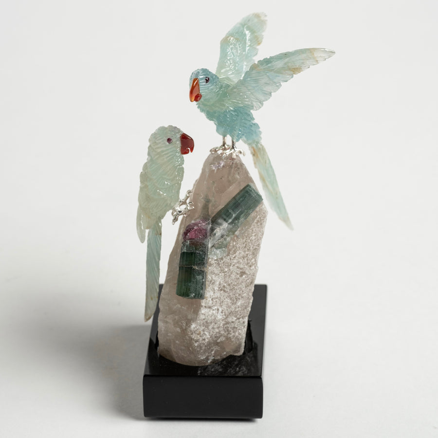 Green Parrots on Quartz Base with Tourmaline