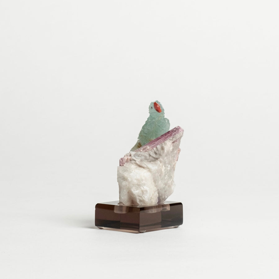 Green Parrot on Quartz Base