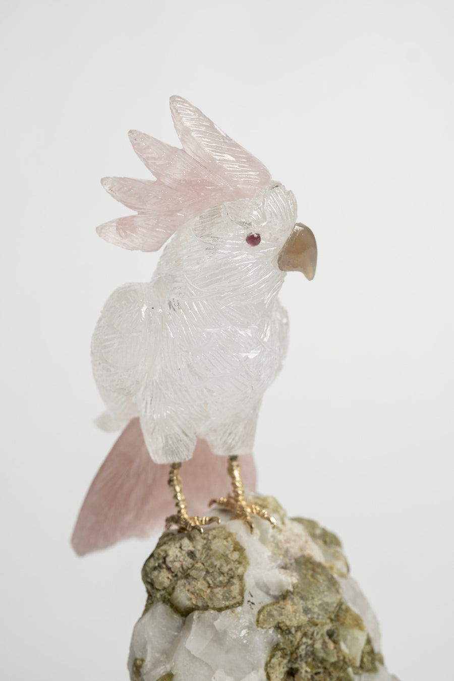 Quartz Cockatiel on White Granite and Tourmaline 2481