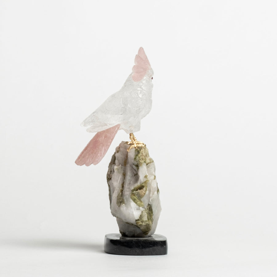 Quartz Cockatiel on White Granite and Tourmaline 2481