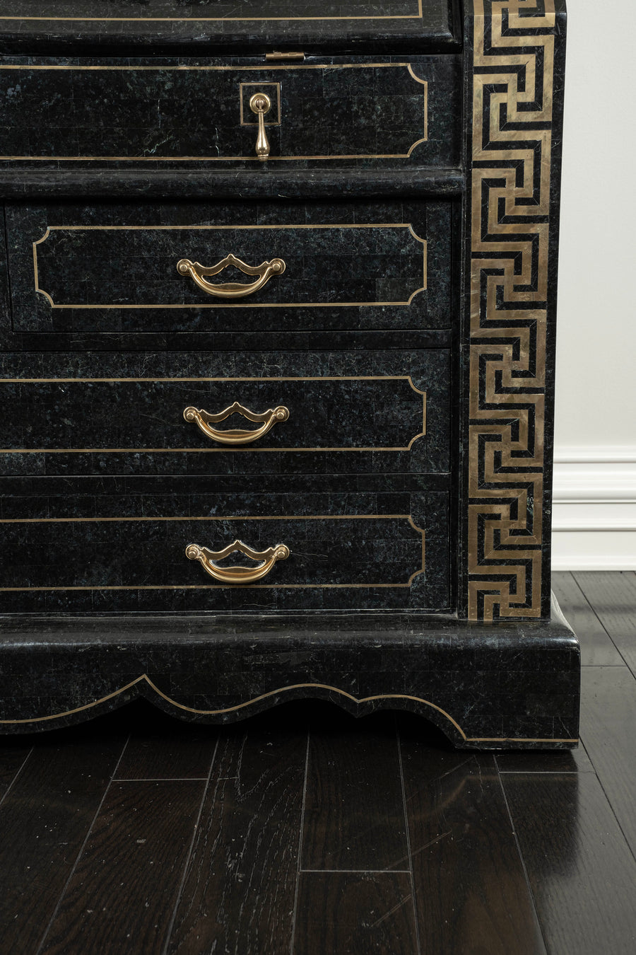 Tessellated Black Green Marble Brass Inlay Secretary Desk by Maitland Smith