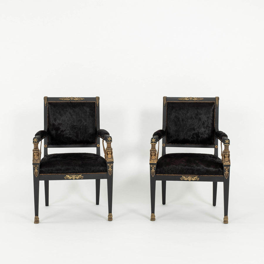 Pair Empire Style Bronze Mounted Black Hair Hide Armchairs