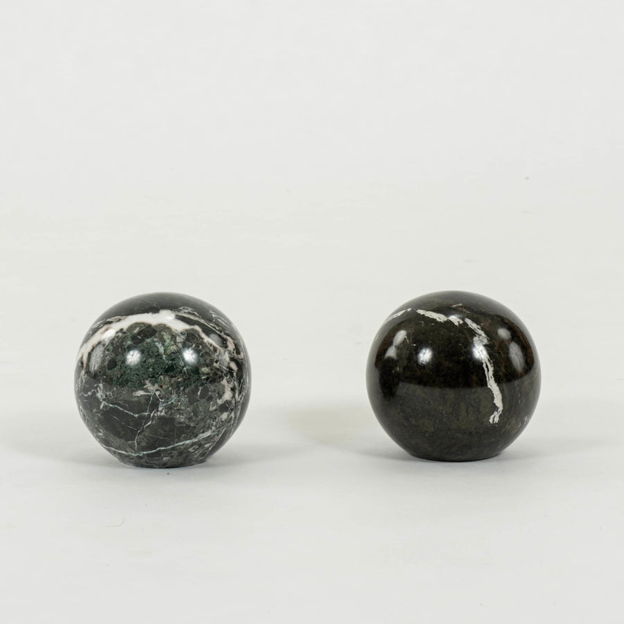 Pair Italian Verde Polcevere Marble Spheres