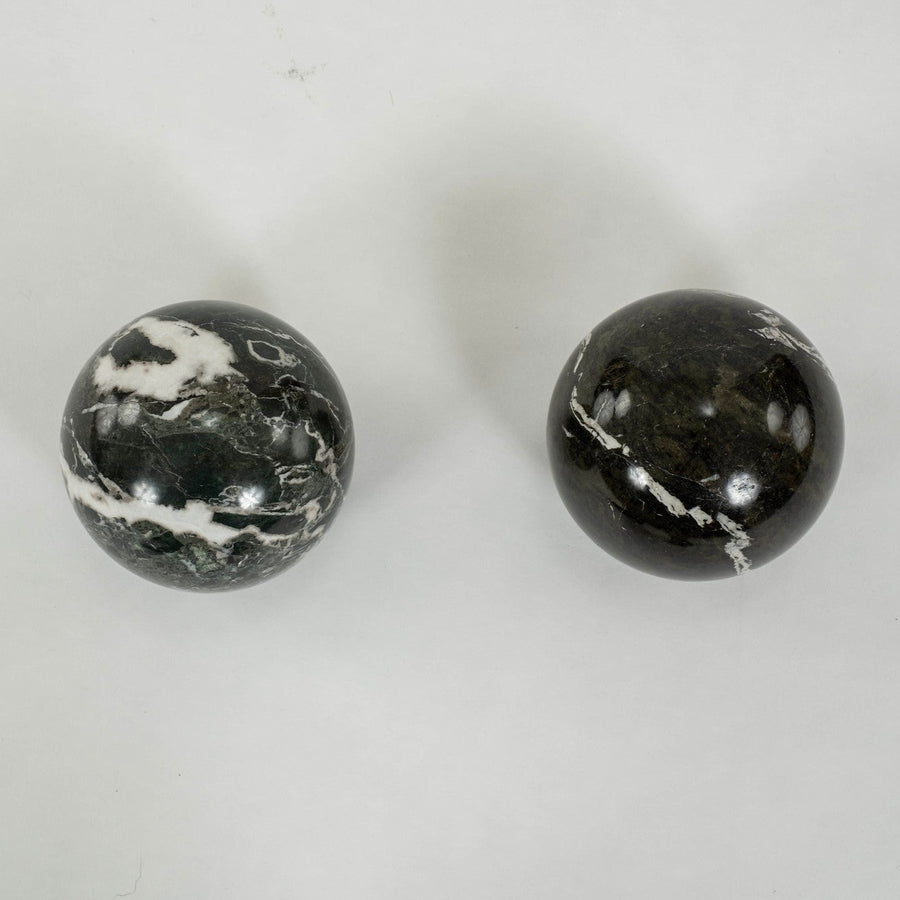 Pair Italian Verde Polcevere Marble Spheres