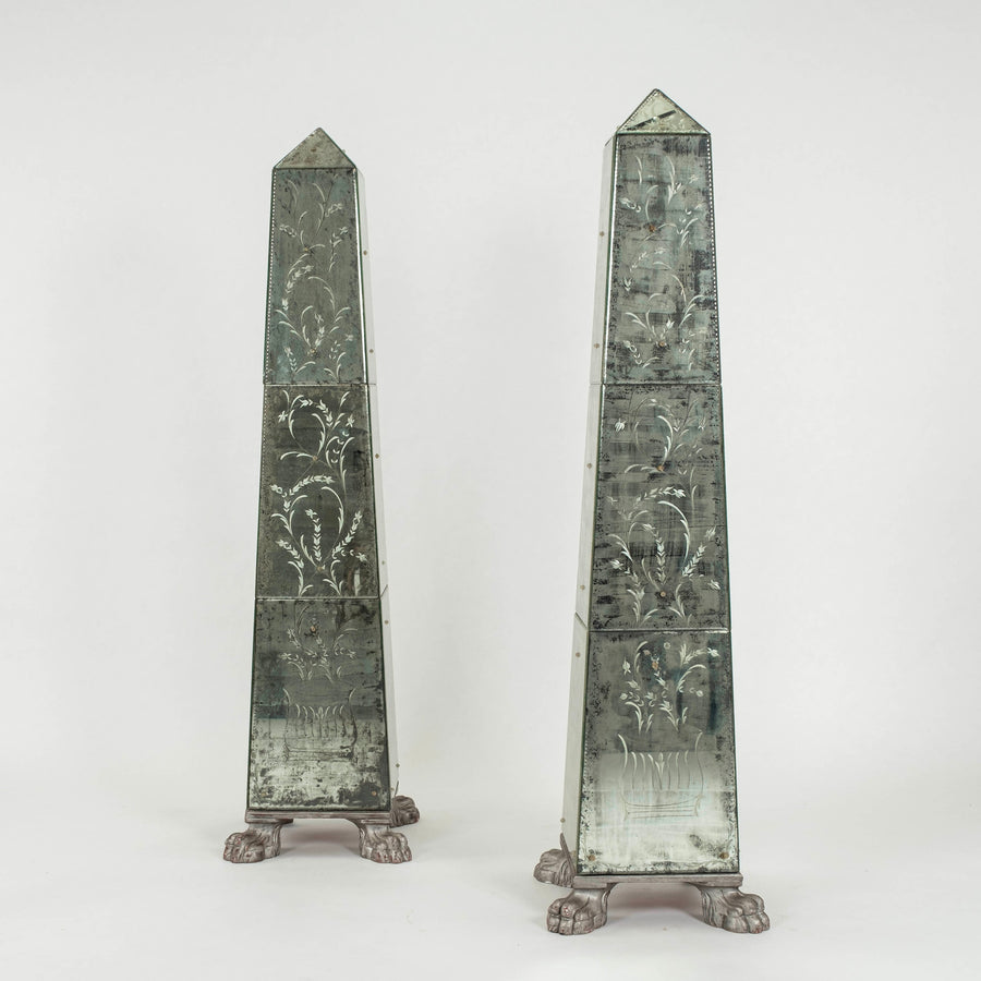 Pair 20th Century Venetian Silver Giltwood Mirrored Obelisks