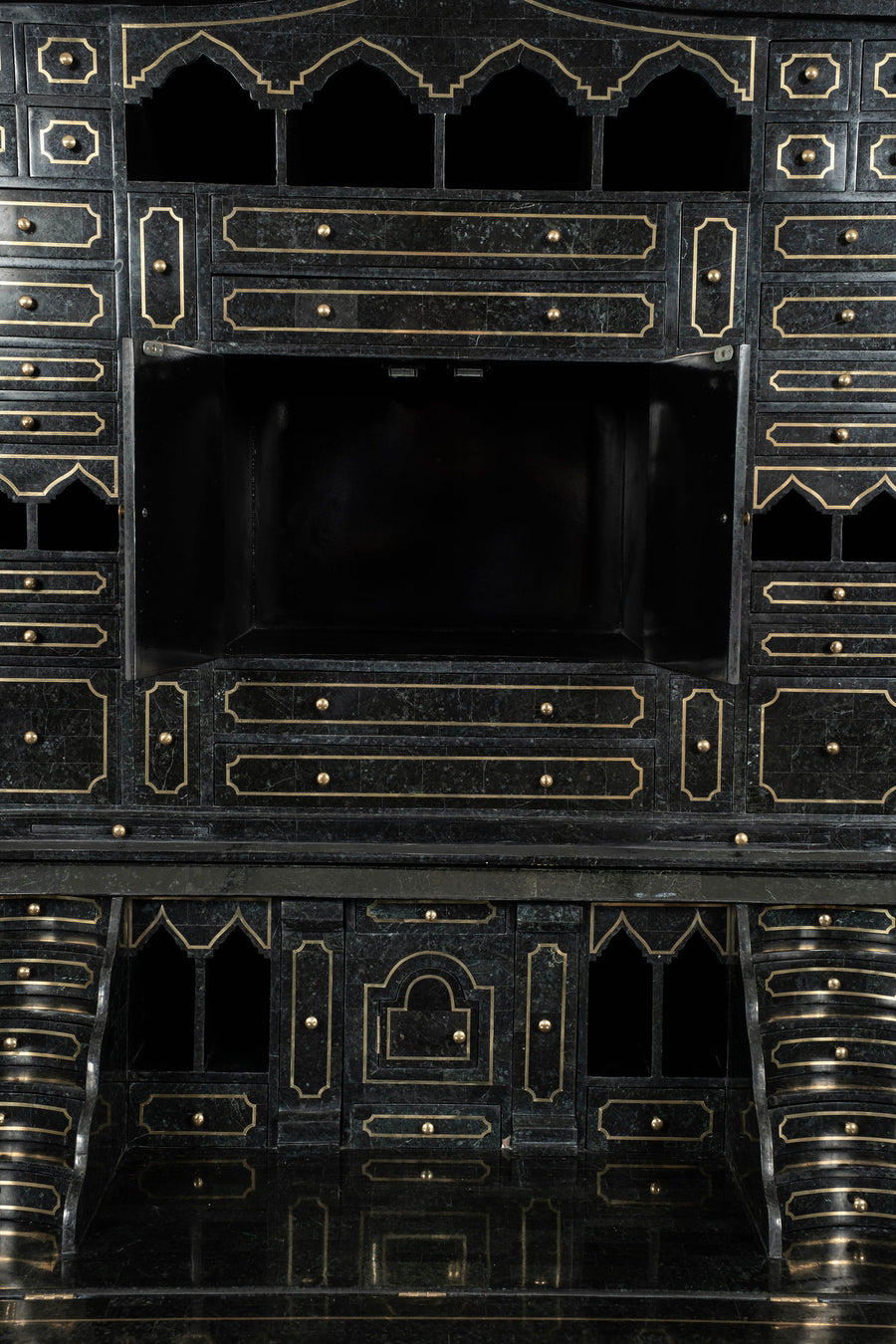 Tessellated Black Green Marble Brass Inlay Secretary Desk by Maitland Smith