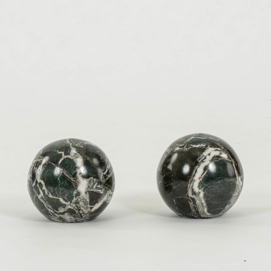 Pair Italian Verde Polcevere Marble Spheres