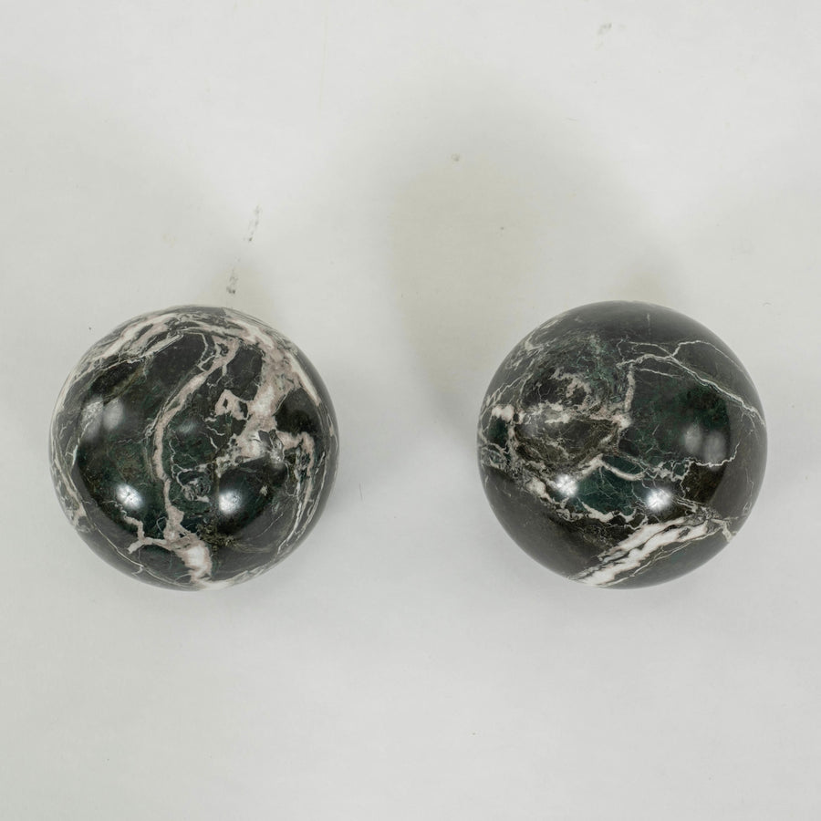 Pair Italian Verde Polcevere Marble Spheres