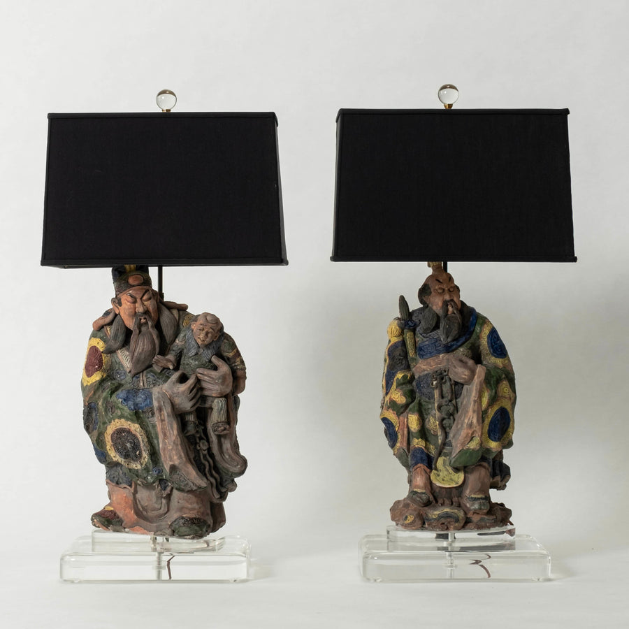 Pair Meiji Japanese Sumida Gawa Figural Pottery Lamps