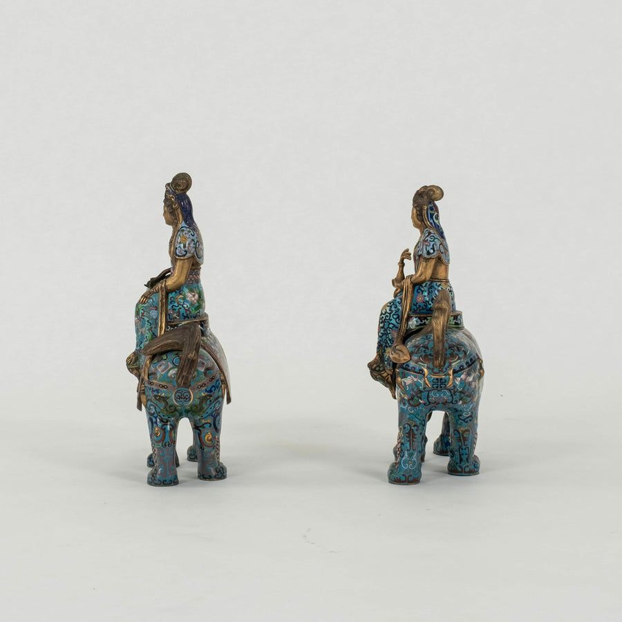 Pair Empress on Fu Dog Cloisonné Figures