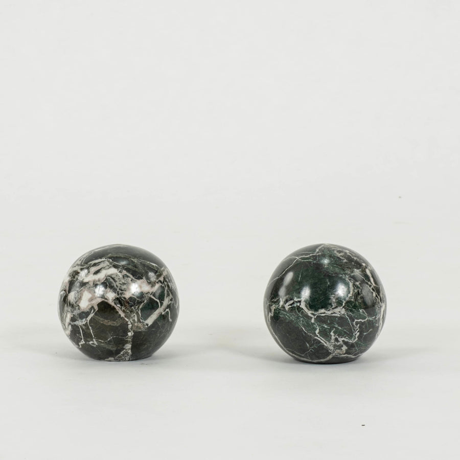 Pair Italian Verde Polcevere Marble Spheres