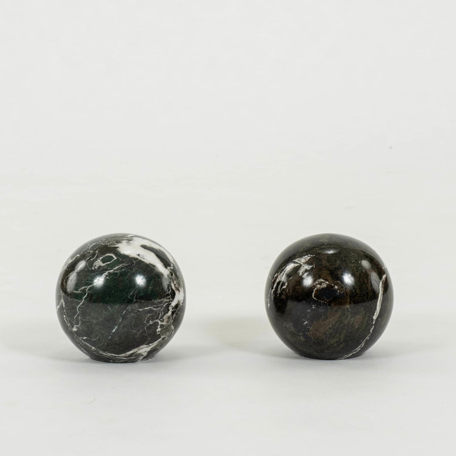 Pair Italian Verde Polcevere Marble Spheres