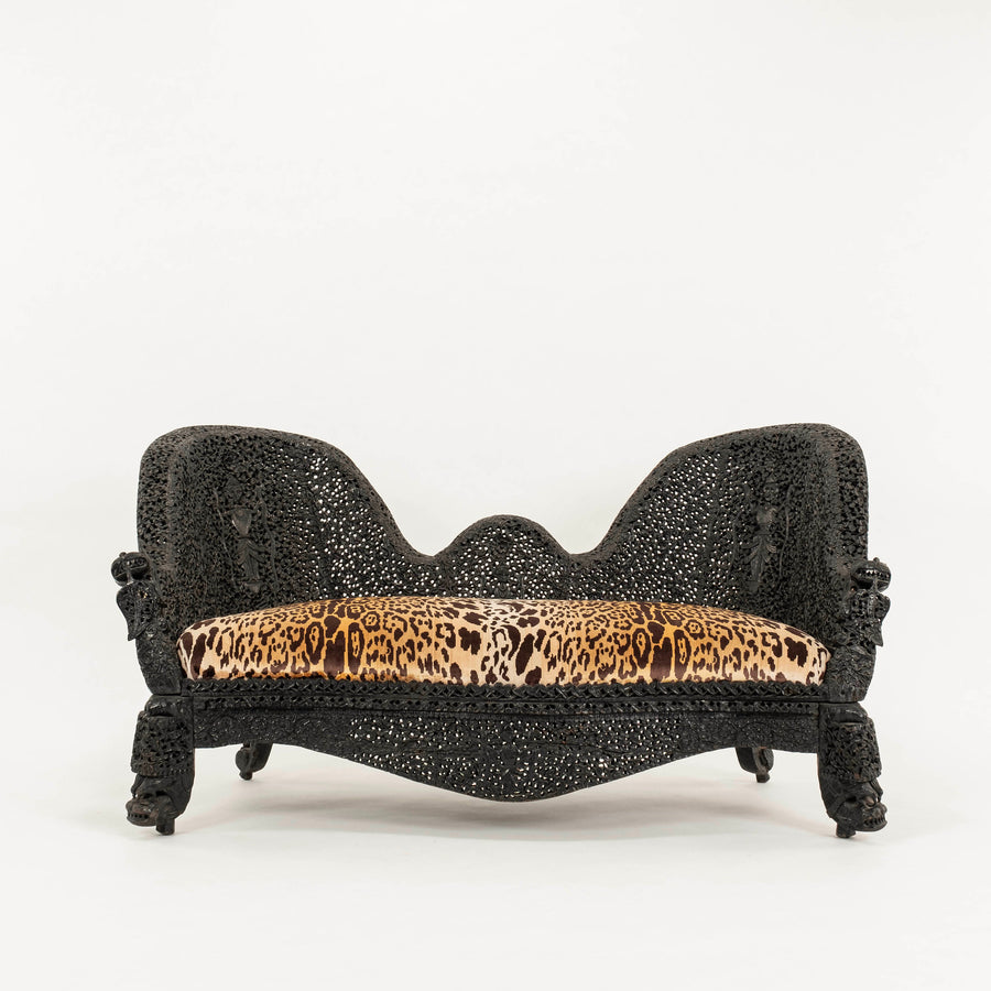 19th Century Anglo-Indian Carved Ebony Leopard Velvet Settee