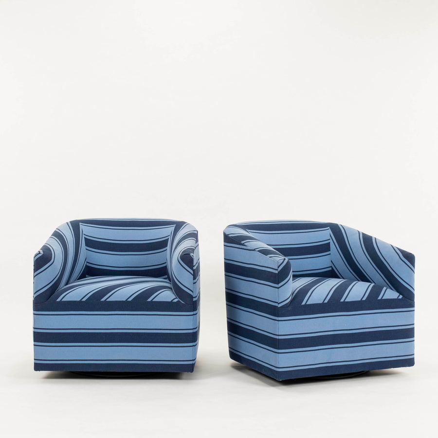 Pair Johnson Hartig Libertine Tangier Stripe Blue Tonal Swivel Club Chairs