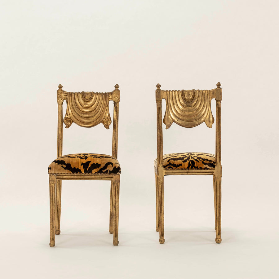 Pair Neoclassical Style Tiger Velvet Giltwood Chairs