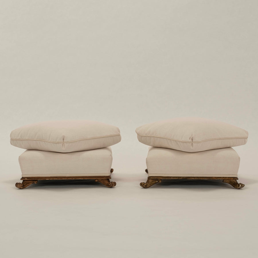 Pair 1940s Stacked Cushion Giltwood Ottomans