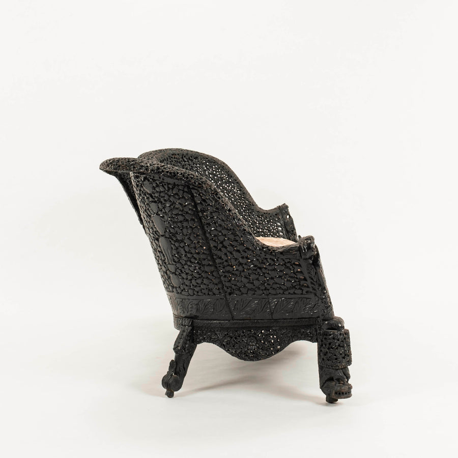 19th Century Anglo-Indian Carved Ebony Leopard Velvet Settee