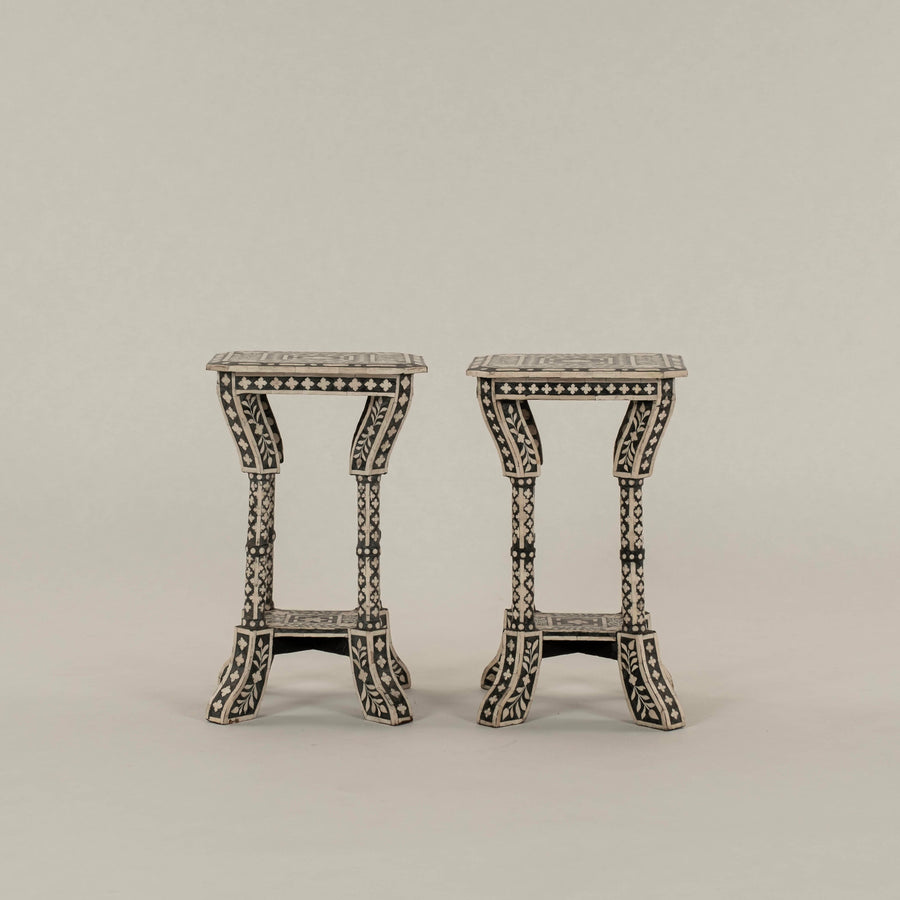 Pair Moroccan Black White Bone Inlay Side Tables