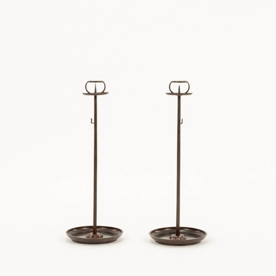 Pair 19th Century Bronze Japanese Shokudai Candle Stands