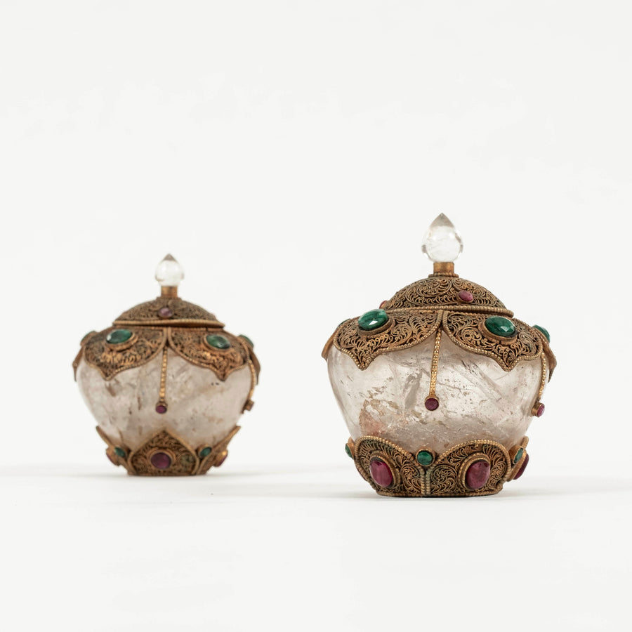 Himalayan Jewel-Encrusted Gilt FIligree & Rock Crystal Bowls & Covers