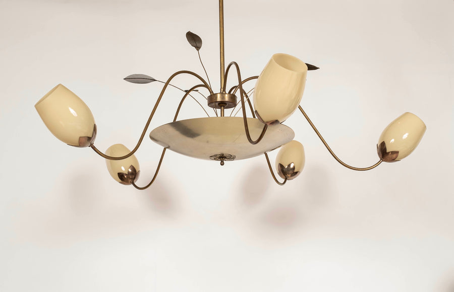 Brass and Glass 5 Arm Chandelier by Paavo Tynell