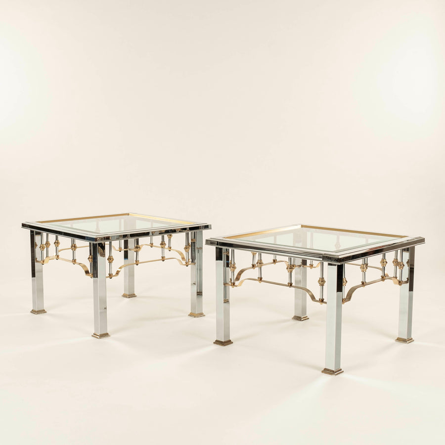 Pair Romeo Rega Style Chrome Brass & Glass Side Tables