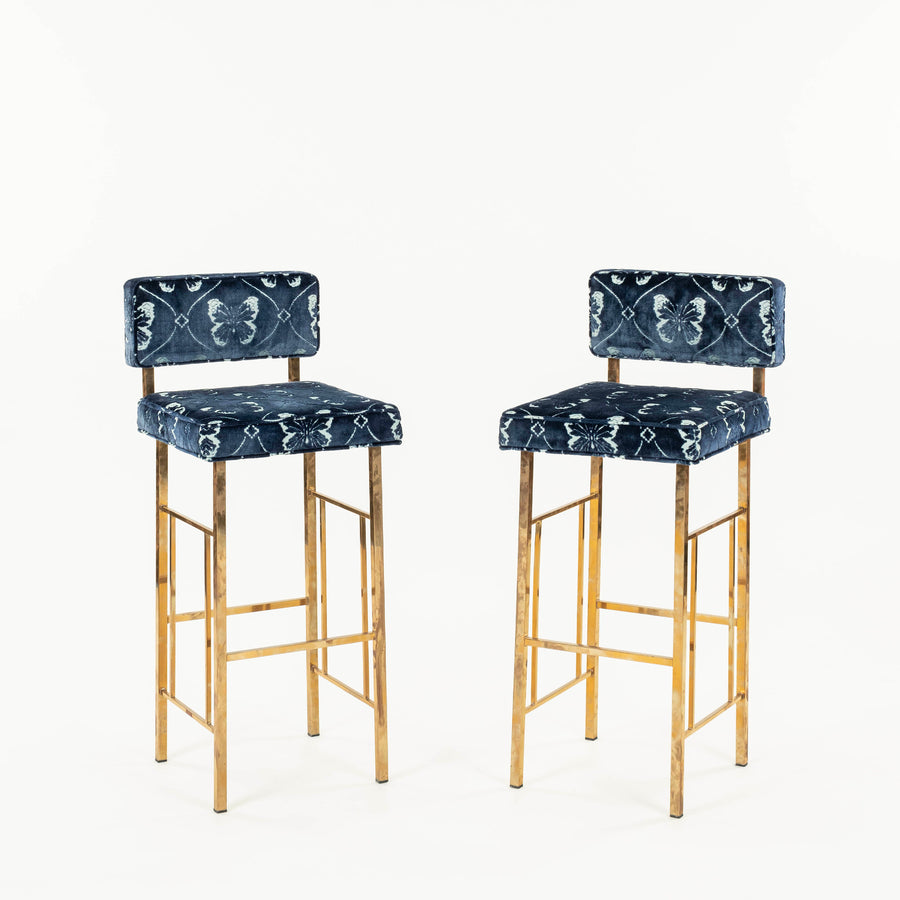 Pair 20th Century Italian Brass Schumacher Blue Papillon Cut Velvet Barstools