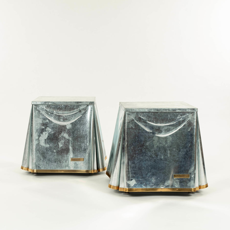 Original Pair John Dickinson Galvanized Steel Drape End Tables, Signed