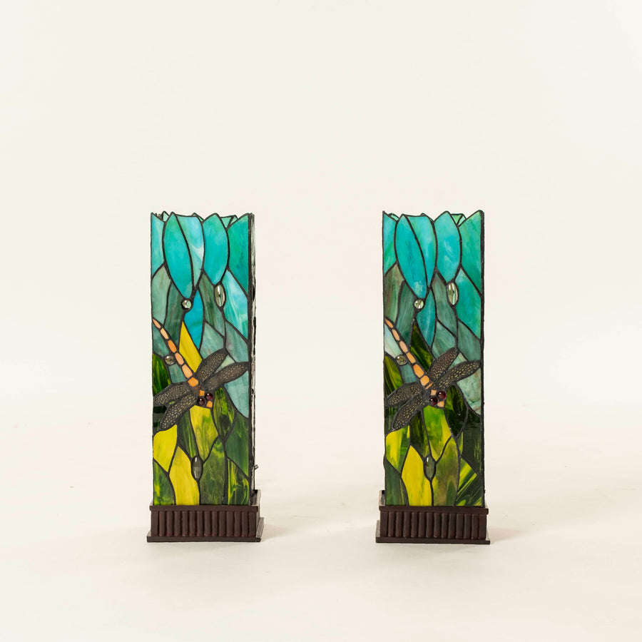 Pair Dragonfly Faux Stained Glass Lamps