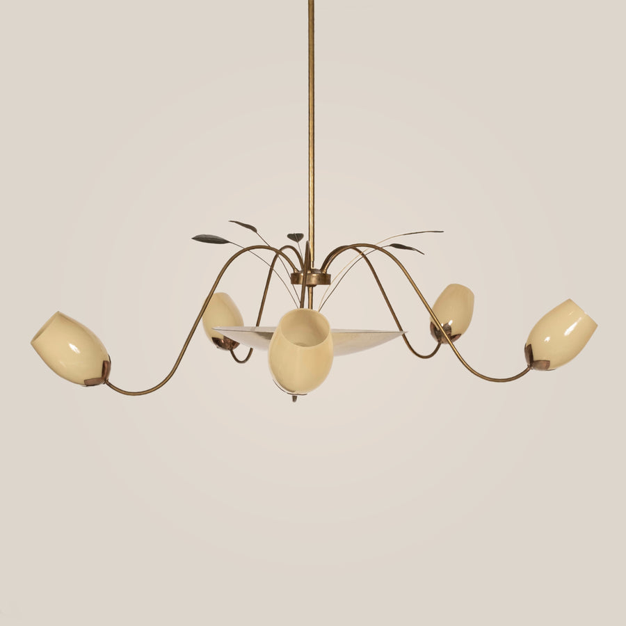 Brass and Glass 5 Arm Chandelier by Paavo Tynell