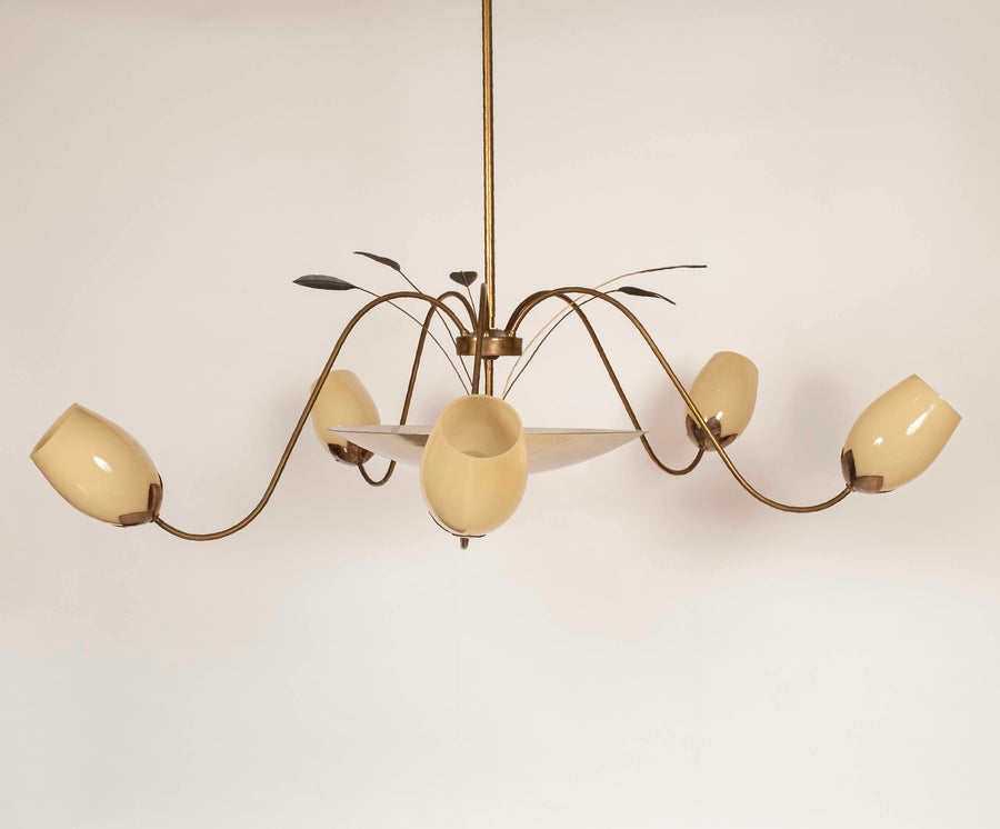 Paavo Tynell Brass Opaline Glass Chandelier