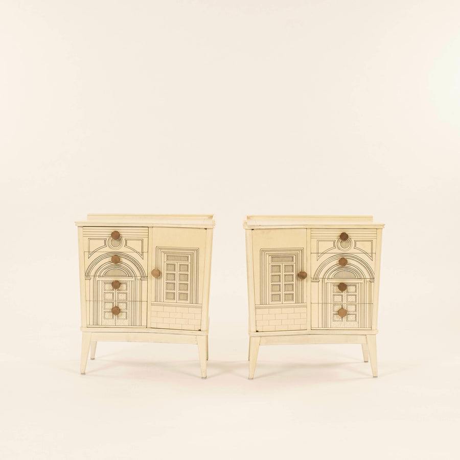 Pair Italian Surrealist Architectural Nightstands ~ in the manner of Fornasetti