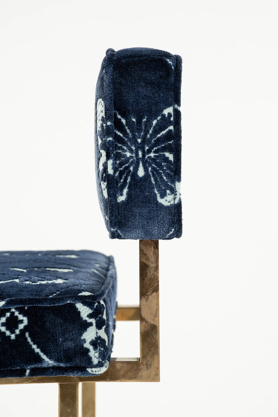 Pair Brass Schumacher Blue Papillon Cut Velvet Barstools