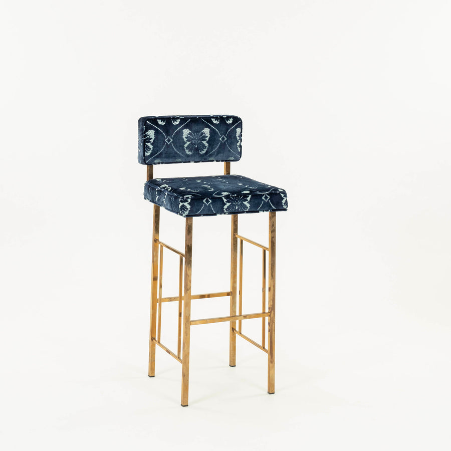 Pair Brass Schumacher Blue Papillon Cut Velvet Barstools