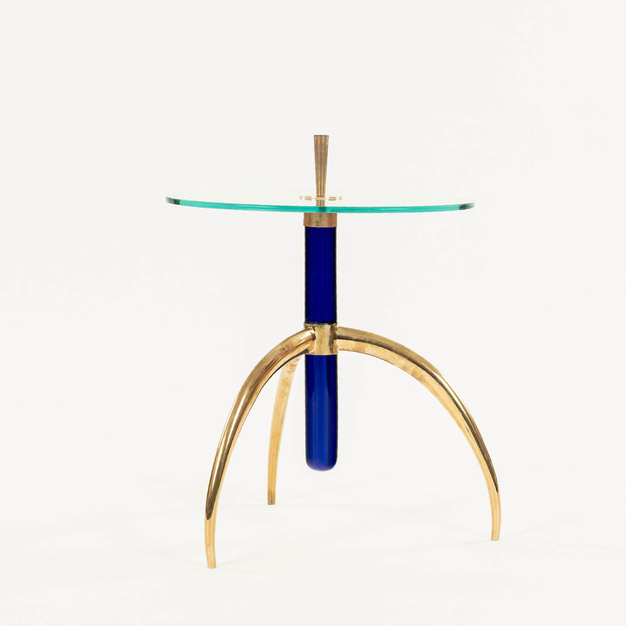 Italian Cobalt Blue Murano Glass Brass Tripod Side Table