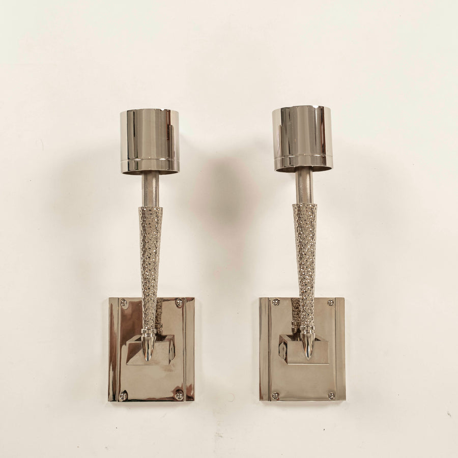 Pair Jonathan Browning Hammered Chrome Torch Sconces