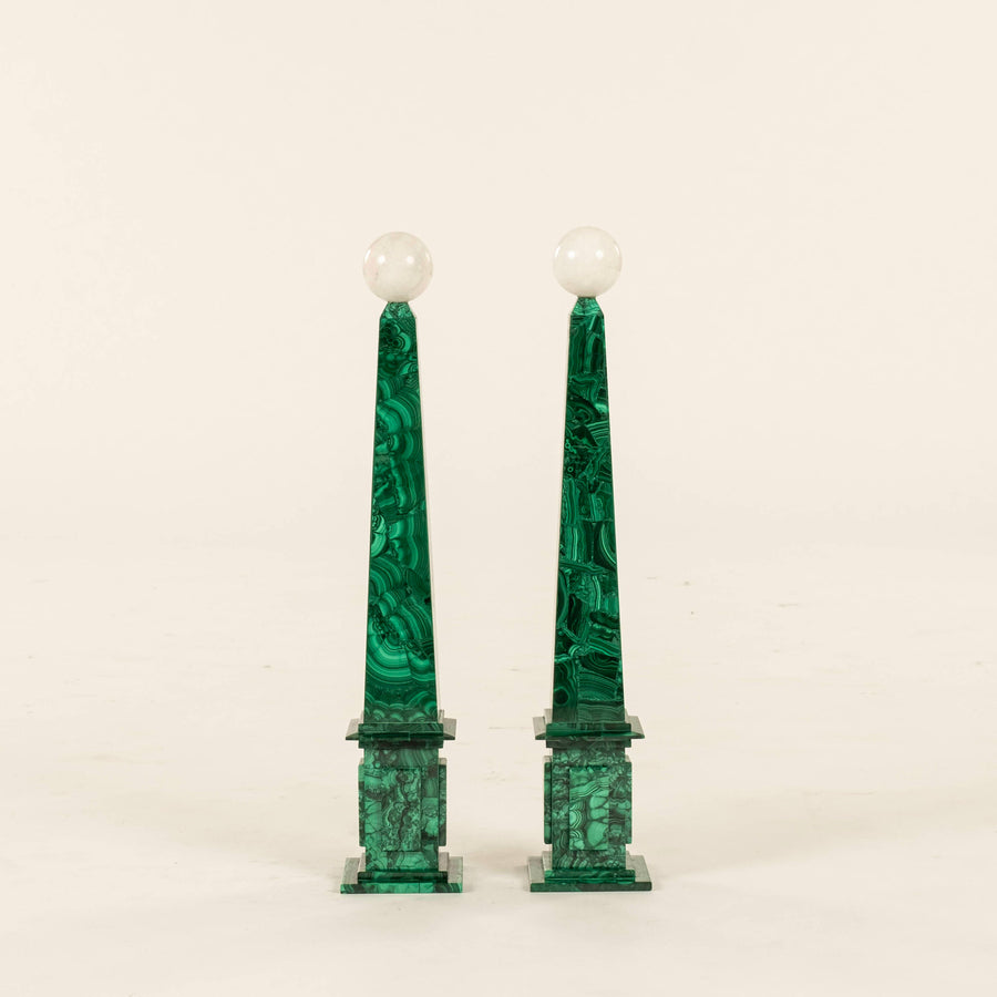 Pair Stone Sphere and Malachite Obelisks