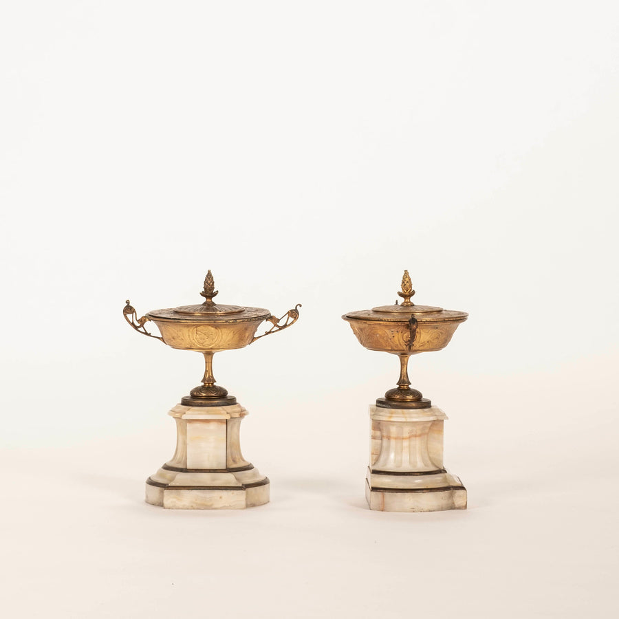 Pair 19th Century French Gilt Bronze Marble Neoclassical Garniture