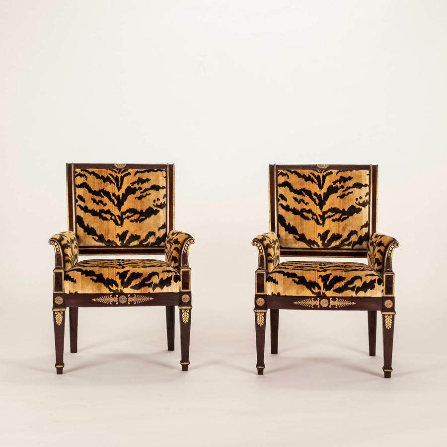 Pair 19th Century Empire Scalamandré Tiger Velvet Bergère Chairs