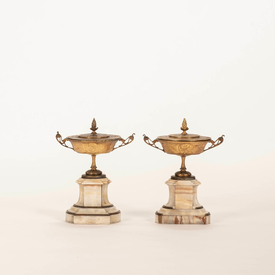 Pair 19th Century French Gilt Bronze Marble Neoclassical Garniture