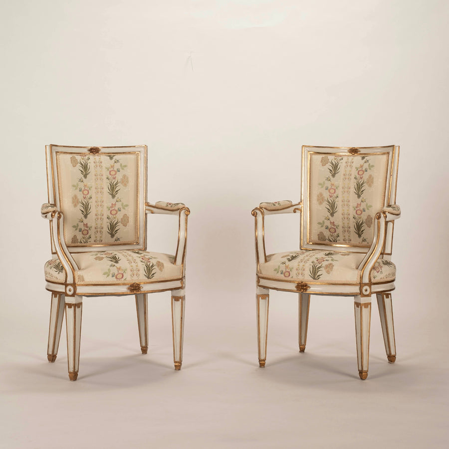 Pair 20th Century Louis XVI Style Painted Gilt Armchairs