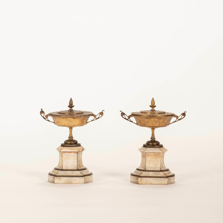 Pair 19th Century French Gilt Bronze Marble Neoclassical Garniture