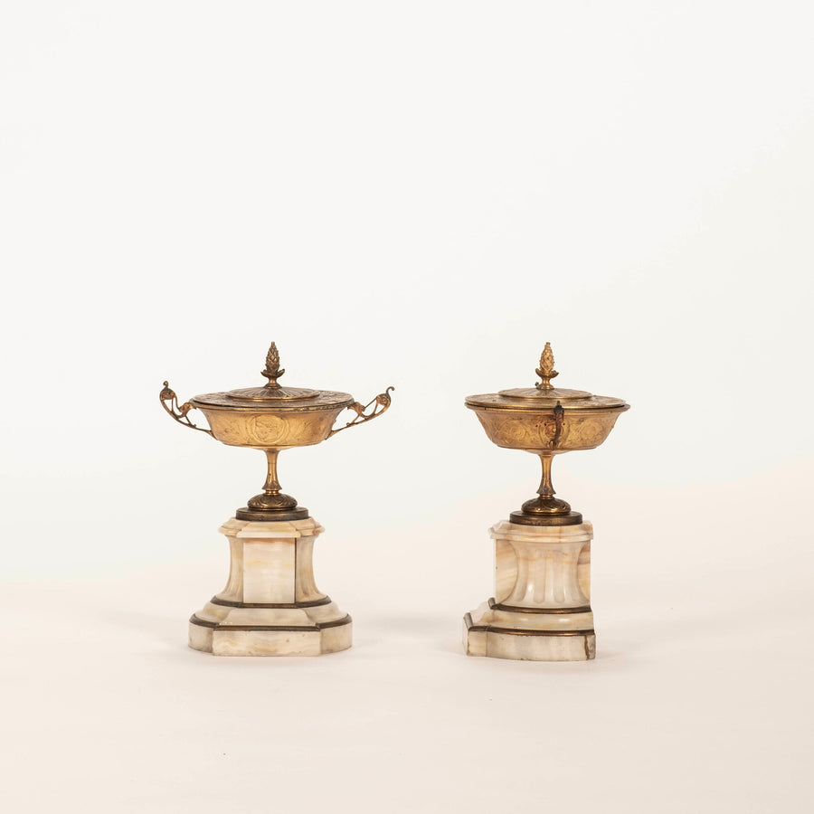 Pair 19th Century French Gilt Bronze Marble Neoclassical Garniture